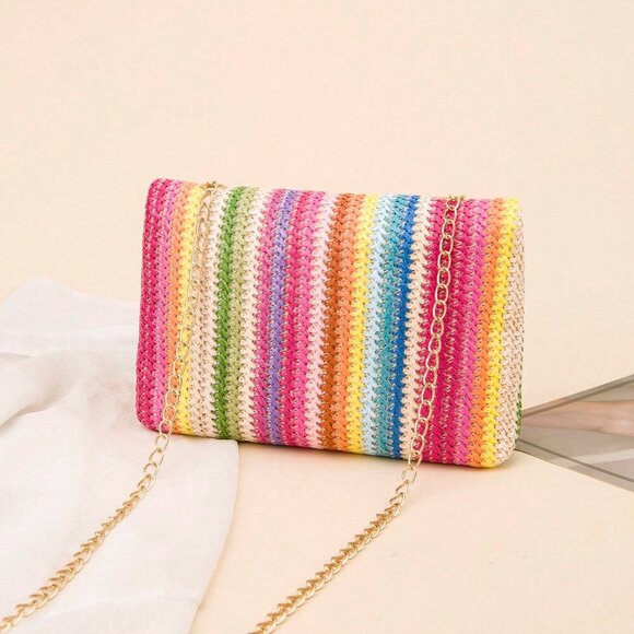 Multicolor Casual Women's Chain Shoulder Bag Small Square Woven Colorful Bag - Picture 4 of 5